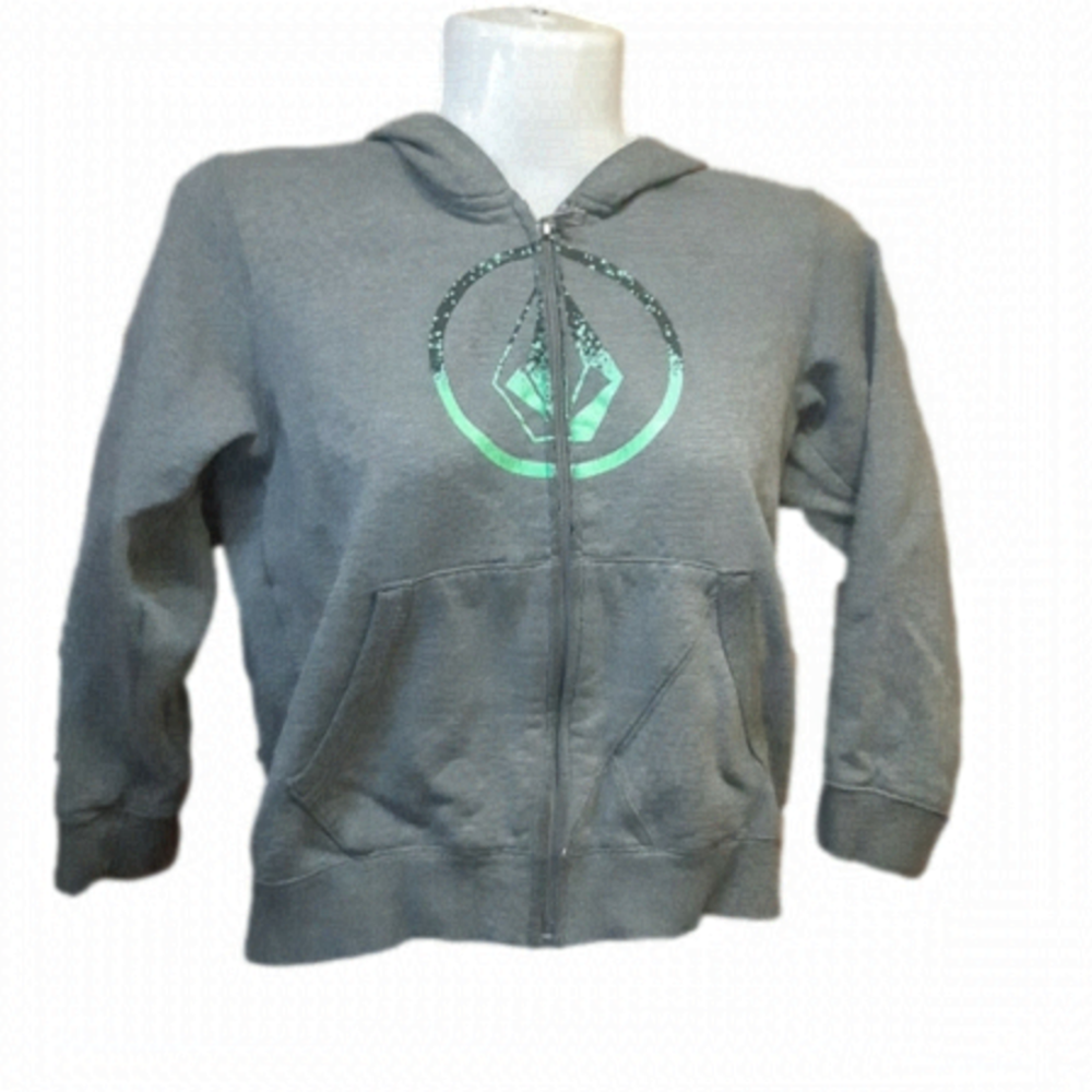 Kids size 6 Volcom graphic logo zip-up hoodie. Grey, black & green
